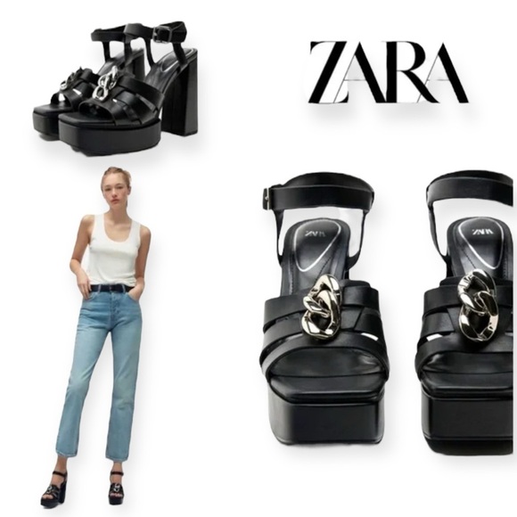 NEW Zara Black Chain Detail Chunky High Heel Platform Sandals Size 38 - Picture 4 of 10
